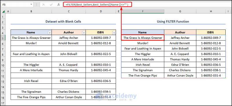 how to delete blank cells in excel and shift data up with FILTER function