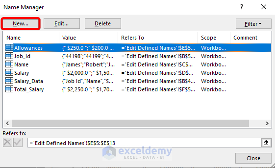 Add Define Names in Excel