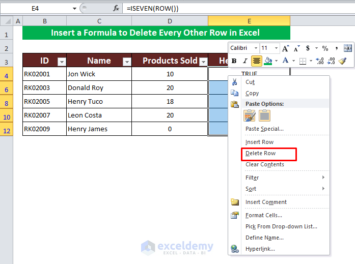 Insert a Formula to Delete Every Other Row in Excel 