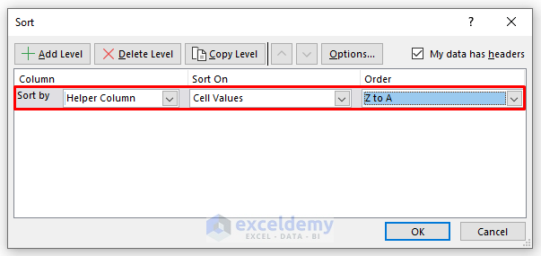 Sort Dialogue Box in Excel