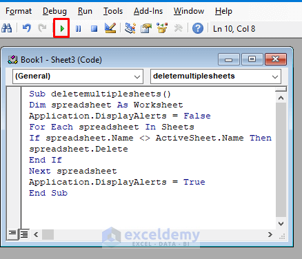 Insert VBA Codes to Delete Multiple Excel Sheets
