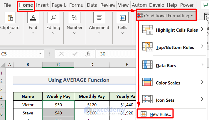 Choosing New Rule from Conditional Formatting to Use AVERAGE Function