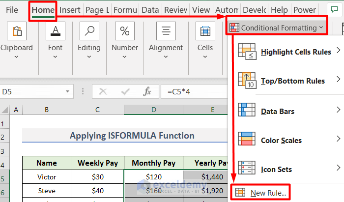 Choosing New Rule from Conditional Formatting to Use ISFORMULA Function