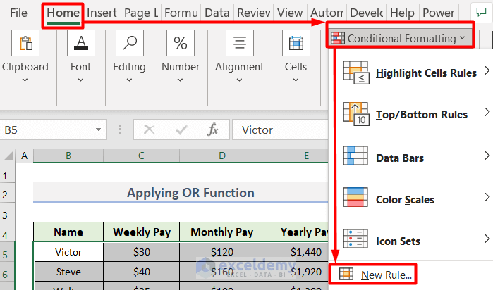 Choosing New Rule from Conditional Formatting to Use OR Function