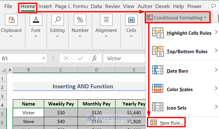 Choosing New Rule from Conditional Formatting to Use AND Function in Excel