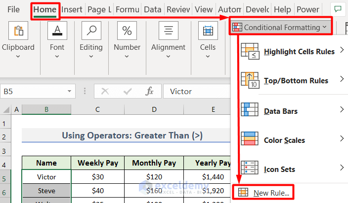 Choosing New Rule from Conditional Formatting to Use Greater Than Operator