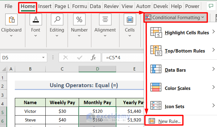 Choosing New Rule from Conditional Formatting to Use Equal Operator