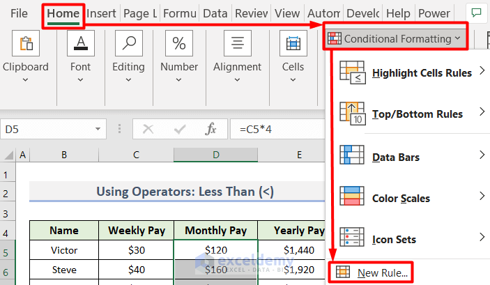 Choosing New Rule from Conditional Formatting to Use Less Than Operator