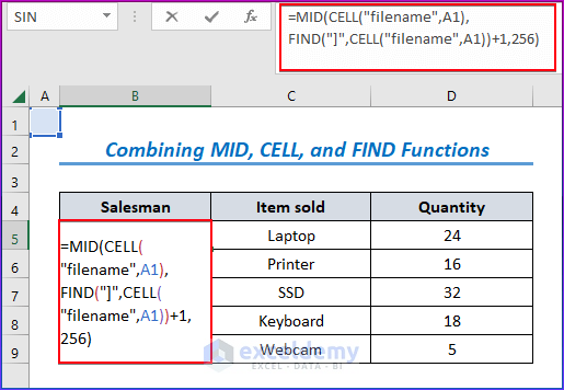 Combining MID, CELL, and FIND Functions to Insert Excel Sheet Name from Cell Value