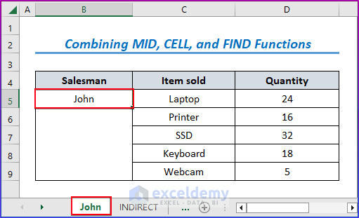 Showing Results for Combining MID, CELL, and FIND Functions