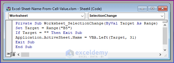 Applying VBA Code to Insert Sheet Name from Cell Value in Excel