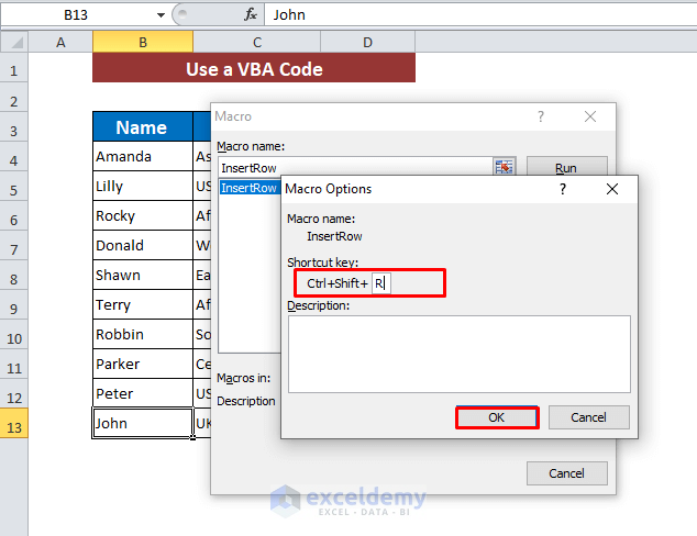 Insert VBA Codes to Insert Rows Automatically in Excel