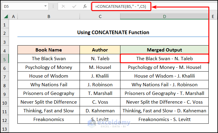 how to merge cells in excel with data Using CONCATENATE Function