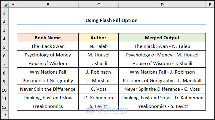 how to merge cells in excel with data with flash fill option