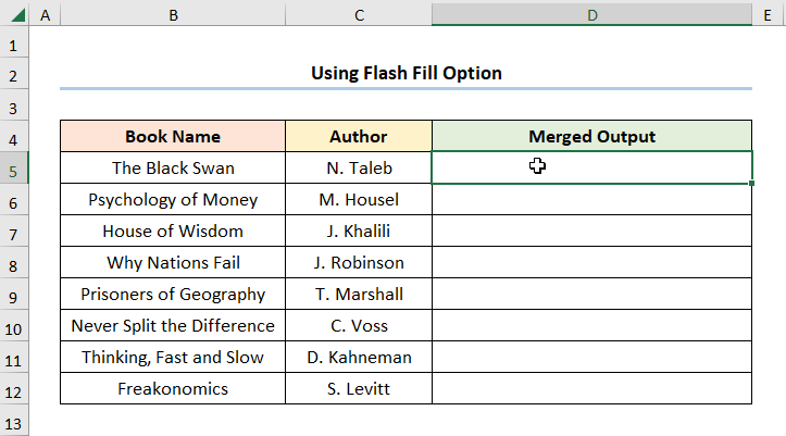 GIF showing steps for flash fill to merge cells with data in excel