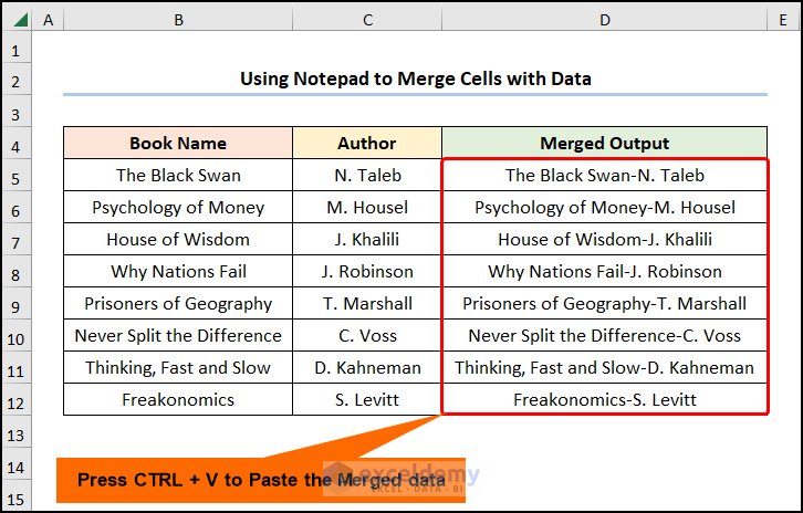how to merge cells in excel with data with Notepad application