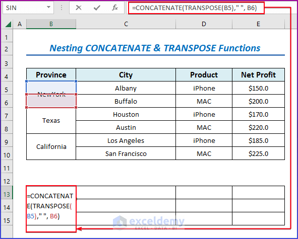 Nesting CONCATENATE & TRANSPOSE functions to Merge Two Rows in Excel