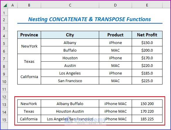 Nesting CONCATENATE & TRANSPOSE functions to Merge Two Rows in Excel