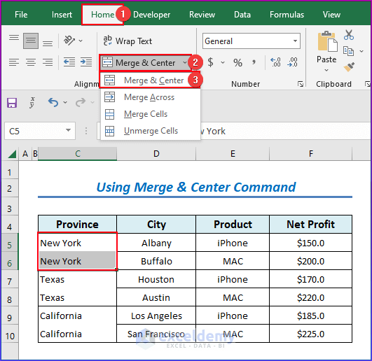 Using Merge & Center Command to Merge Two Rows in Excel