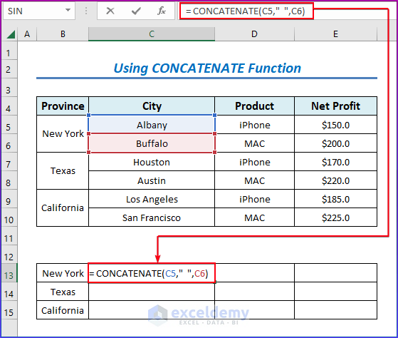 Using the CONCATENATE Function to Merge Two Rows in Excel