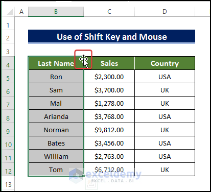 Press Shift and Drag Cursor to Move Columns in Excel