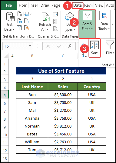 Apply Sort Feature to move columns in excel