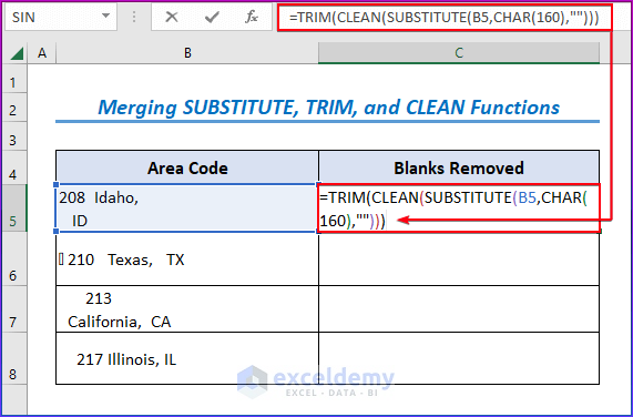 Merging SUBSTITUTE, TRIM, and CLEAN Functions to remove Blank Characters in Excel