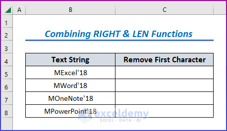 Sample Data Set for Combining RIGHT & LEN Functions to Remove First Character in Excel 