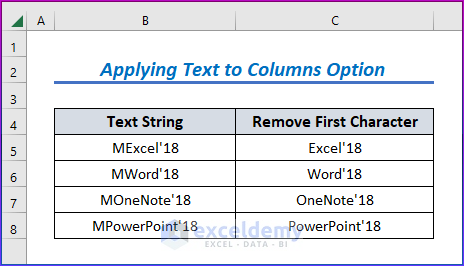 Showing Results for Applying Text to Columns Option to Remove First Character in Excel