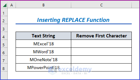 Sample Data Set for Inserting REPLACE Function to Remove First Character from String in Excel