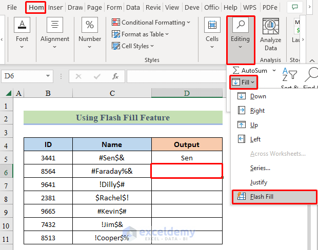 Performing flash fill from the Home ribbon for other cells in the same column