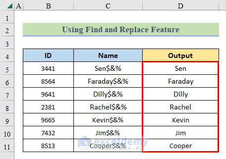 Final output with find and replace feature by deleting specific characters