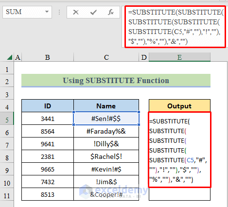 The formula of SUBSTITUTE to remove special characters in Excel