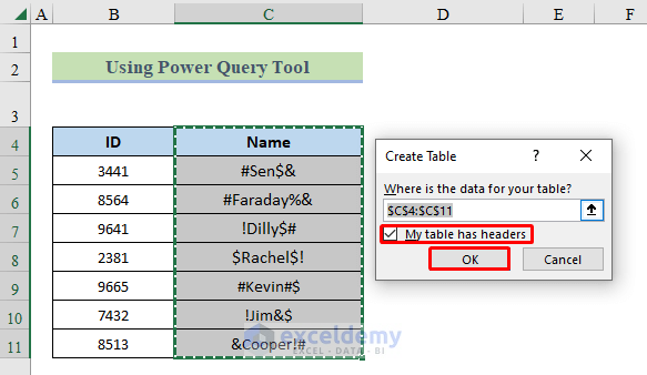 Confirming data table with header for power query command