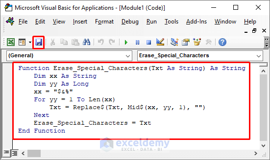 Applying code for a defined function to erase special characters