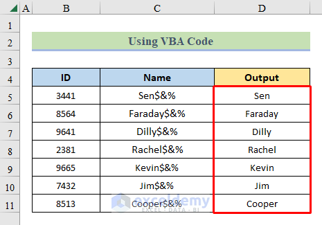 Final output after removing characters using VBA code