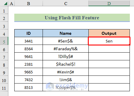 Typing the name manually without special characters as preview for flash fill feature to fill other cells