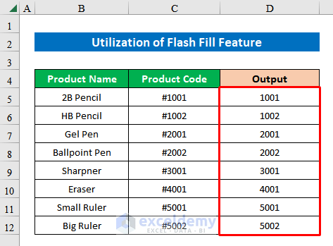 Final output deleting characters using the flash fill feature