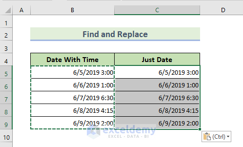 Find and Replace Tool in Excel for Removing Time from Date