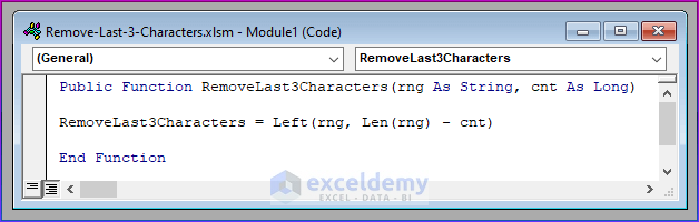 Applying VBA Code for Removing the Last 3 Characters in Excel