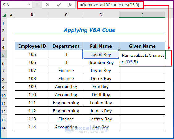 Applying formula with VBA code to remove last 3 characters in Excel