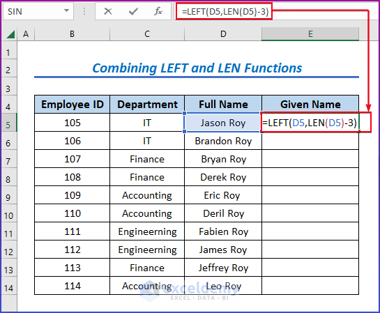 Combining LEFT and LEN Functions to Remove the Last 3 Characters in Excel 
