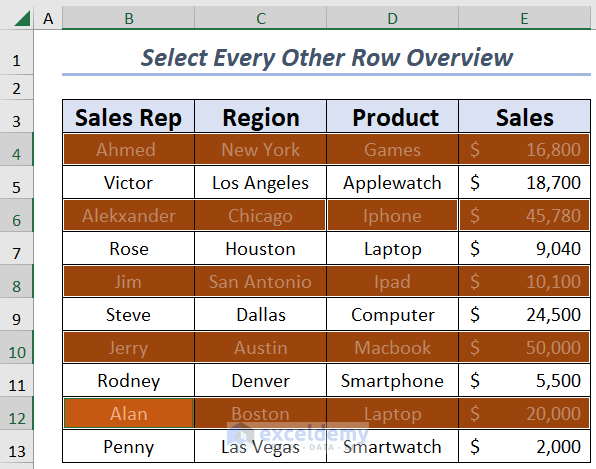 Select Every Other Row in Excel