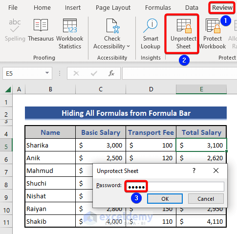 Unprotect sheet to show formula in formula bar