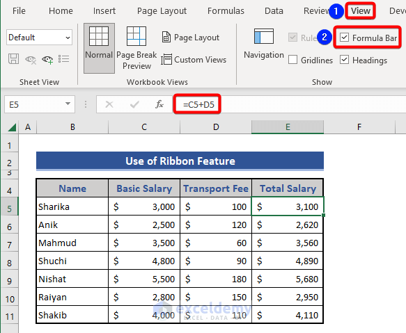 Hide formula bar in Excel