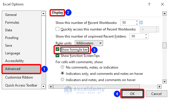 Excel Options to show formula bar