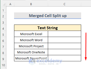Results after Splitting up Merged Cells as One Column into Multiple Columns in Excel
