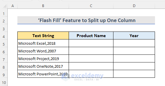 Data set ofExcel ‘Flash Fill’ Feature to Split up One Column into Multiple Columns
