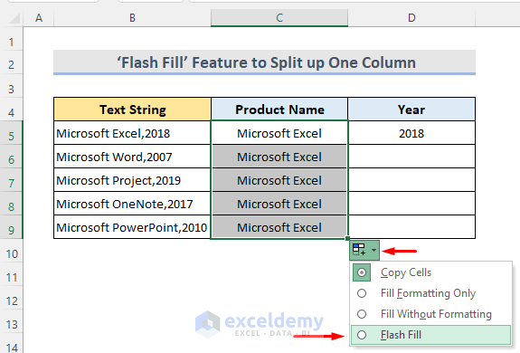 Using Flash Fill to fill up cells