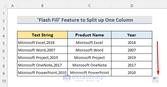 Results after Utilization of Flash Fill Feature to Split up One Column into Multiple Columns in Excel
